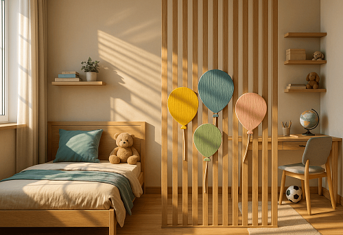 Детская комната с перегородкой из МДФ реек и декоративными воздушными шарами
