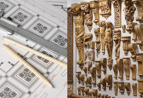 Collection of carved wooden newel posts and decorative elements for interior.