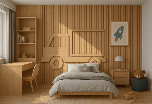 Bedroom interior with MDF beams on the wall and wooden furniture