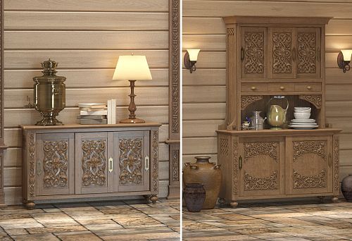 Интерьер в стиле русской усадьбы с резным буфетом и самоваром