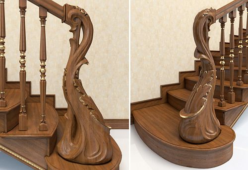 Wooden railings and balusters with decorative golden elements.