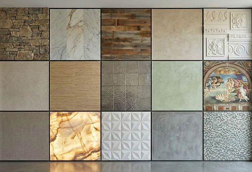 образцы декоративной отделки стен из камня, мрамора, дерева и штукатурки
