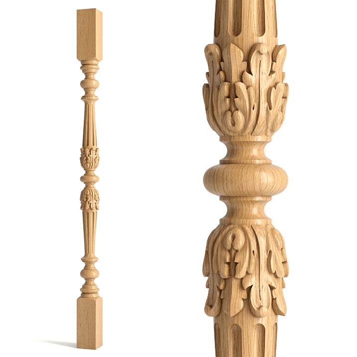 Wooden baluster L-027 with carving on a white background