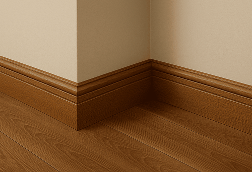 Деревянный плинтус из массива в углу комнаты на фоне светлой стены и пола под дерево