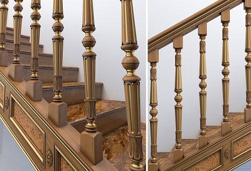 Overall plan of a staircase with balusters of classic shape and gilded elements