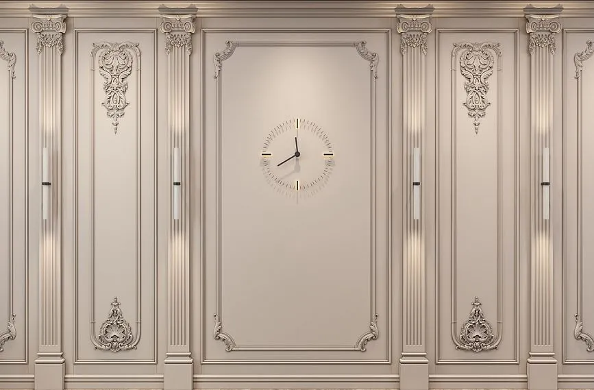 Classic wall panels with columns, carved decoration, and built-in sconces, elegant interiors with decorative elements and wall clocks