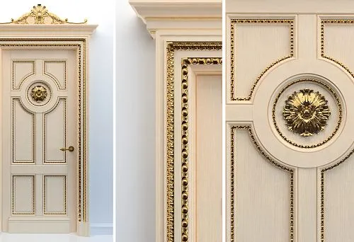 Decorated door with polyurethane inlays
