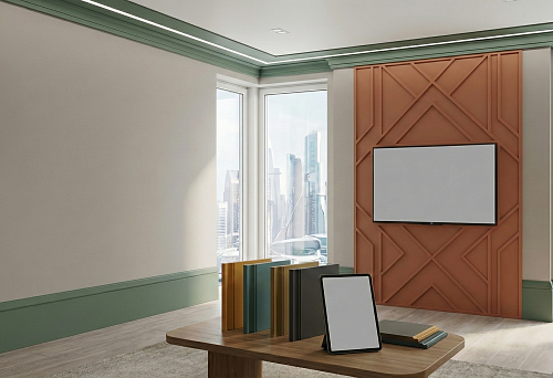 Современный интерьер 2026 года с окрашенными элементами из МДФ: зелёные плинтусы и карнизы