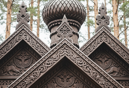 Carved Wooden Gable with Traditional Russian Ornaments