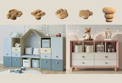 Wooden handles made of natural wood for children's room.