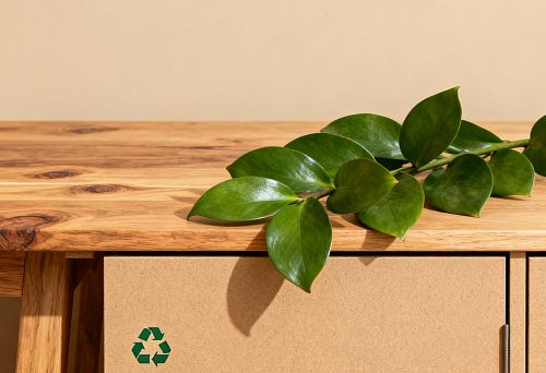 Symbol of recycling on an MDF panel in an eco-interior.
