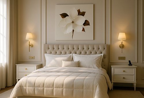 Bedroom Interior with Decorative Wall Molding, Soft Bed, and Wall Sconces