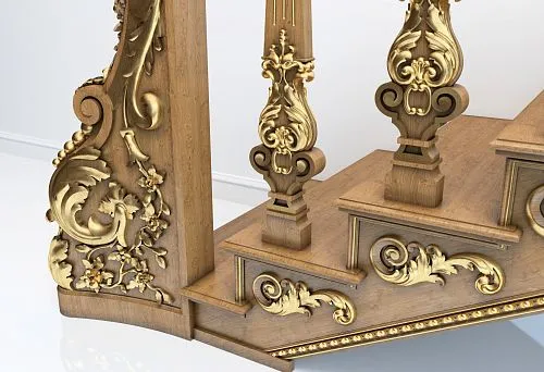 Wooden staircase with carved newel posts and gilded decor, demonstrating secure attachment of newel posts to steps.