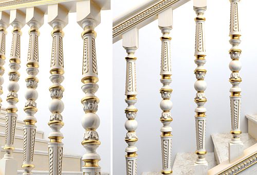 Decorative wooden balusters with carving and gold accents on a light staircase