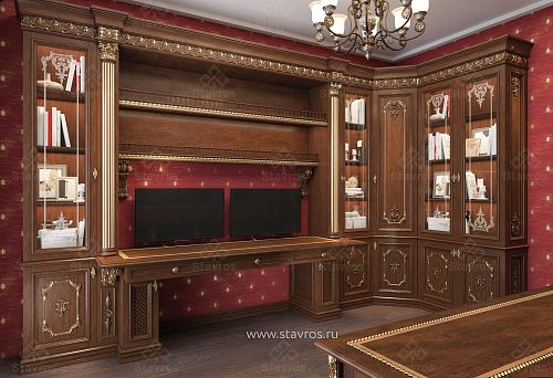Classic office with unique solid wood furniture, display cabinets with decorative carving