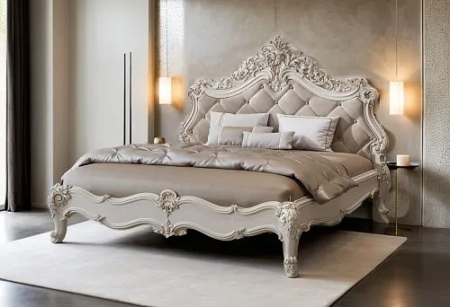Elegant bed with carved wooden headboard and soft upholstery