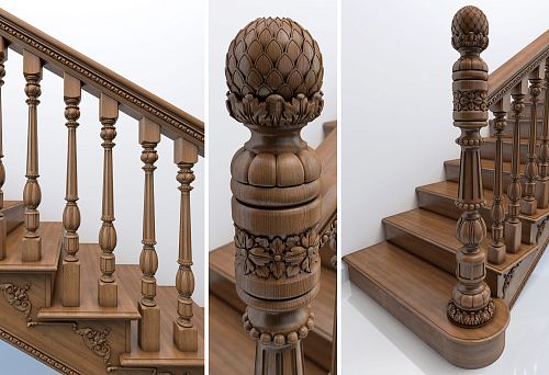 Wooden staircase with carved supports and balusters in classic style