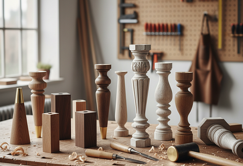 Various wooden furniture legs in different shapes and sizes, displayed on a workbench in a workshop, with tools and wood shavings in the background.