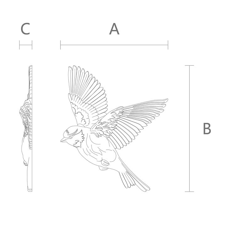 Relief decoration NPU-493R &mdash; dimensions of the polyurethane applique 'Bird with Spread Wings'