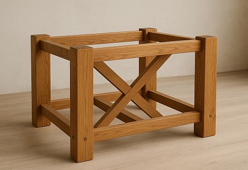 Rectangular wooden base with solid straight legs and cross-braced joints, modern minimalism