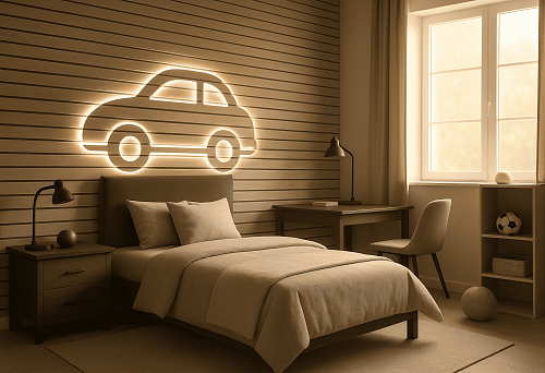 Современная спальня с декоративными рейками МДФ и подсветкой в форме автомобиля