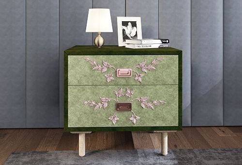 Compact chest on high legs with two drawers, fronts with green finish and pink decorative overlays in the form of branches