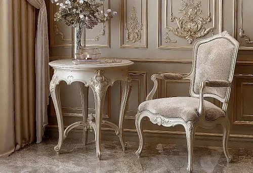A classic chair and elegant round table made of solid wood, adorned with carving and refined details, harmoniously complementing the luxurious interior.