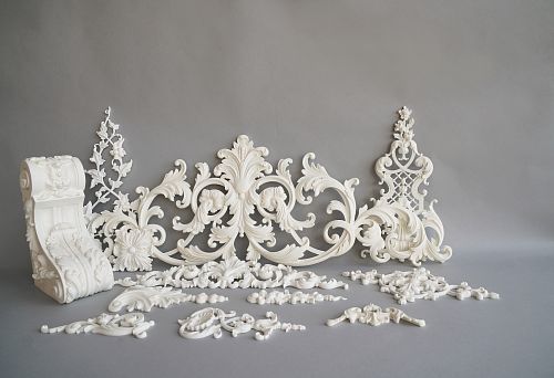 Polyurethane decorative elements set: pilasters, rosettes, ornaments, and decorative appliqu&eacute;s