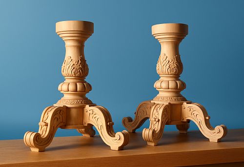 Kitchen bases made of solid wood with carving and thick curved legs against a blue wall