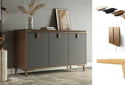 Modern cabinet with gray fronts and wooden handles against a concrete wall