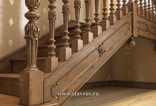 Turned wooden balusters with exquisite carving on a solid wood staircase