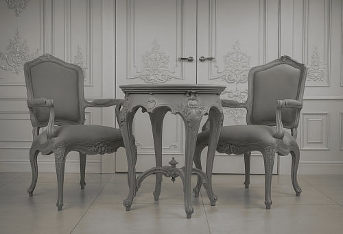 Italian Furniture - Two Armchairs and a Carved Side Table in Classic Style Against an Elegant Interior Background