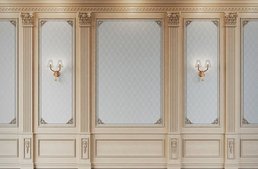 Luxurious classic wall panels with columns, carved decoration, built-in sconces, and textile inserts for premium-class interiors.