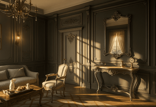 Classic style interior with carved console, mirror, and armchair.