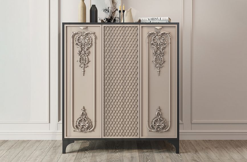 Decorating the KMD-028 dresser with carved inlays and discreet handles in the interior.