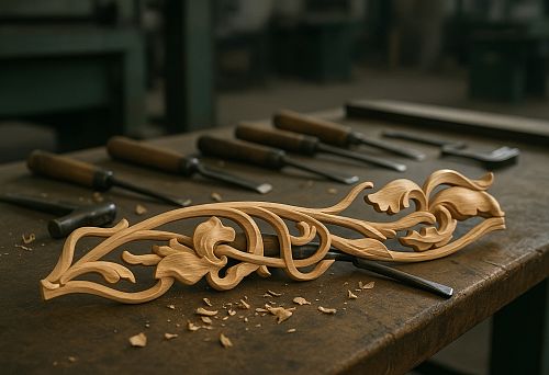 Carved wooden decorative element in the form of a floral ornament on a carpentry workbench with tools