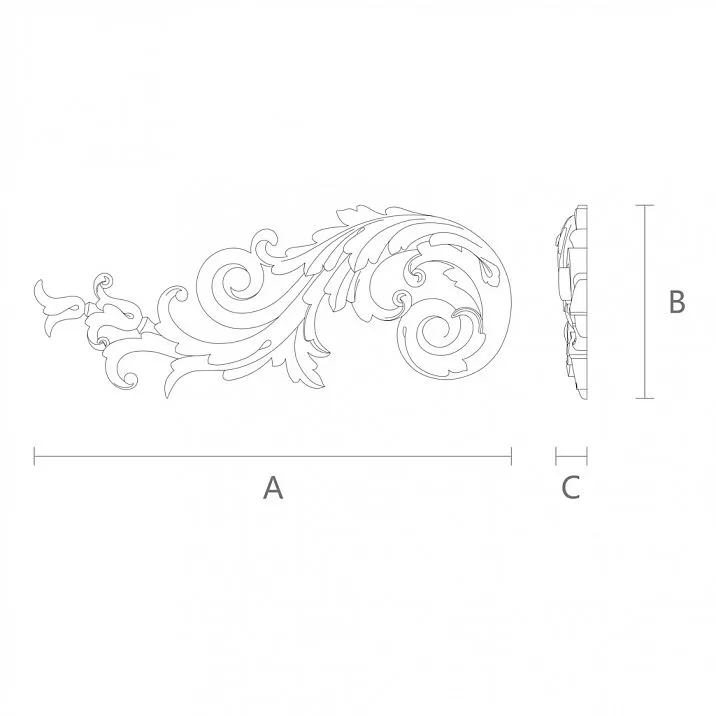 Oak or Beech Wooden Inlay N-206L with Baroque Decorative Carvings - Drawing