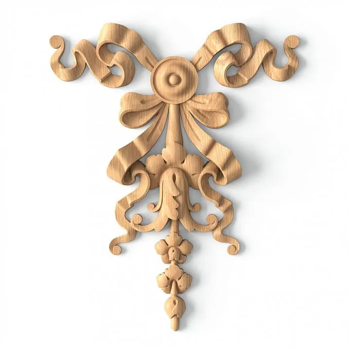 Carved wooden overlay N-198 with a pattern of sun, ribbons, petals, and grape leaves