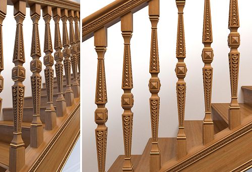 Balusters with decorative carving and secure attachment to railings &mdash; overall view