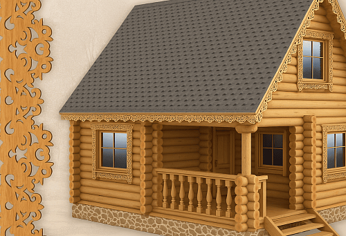 Carved window casings and cornice of a wooden house with beautiful patterns.