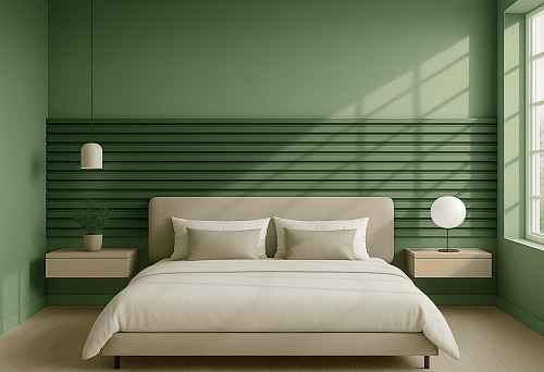 Декоративные МДФ панели рейки в интерьере спальни с акцентной стеной