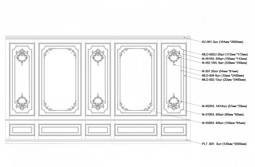 Detailed drawing of classical wall panels with markings for decorative elements, moldings, appliqu&eacute;s, and dimensions