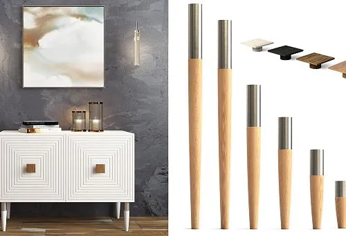 Elegant white cabinet with 60 cm legs made of solid wood with metal inserts.