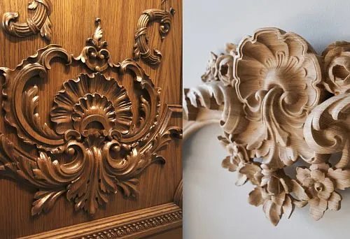 Wooden carving with floral motifs for interior decoration.