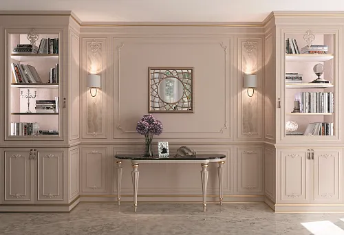 Luxurious Classic Interior with Built-in Cabinets and an Elegant Wooden Side Table Adorned with a Bouquet of Flowers.