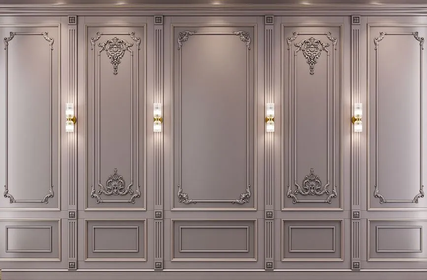 Classic wall panels with carved decoration and built-in sconces, elegant interiors with stucco, moldings, and decorative elements.