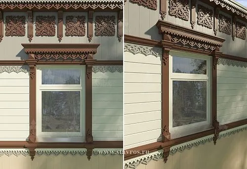 Patterned wooden window casings and carved cornice on the facade of a light-colored house