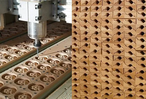 Rows of wooden blocks with carved patterns, demonstrating large-scale serial production and waste reduction