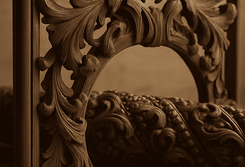 3D carved wooden relief with floral ornament, accompanied by a chisel and wood shavings