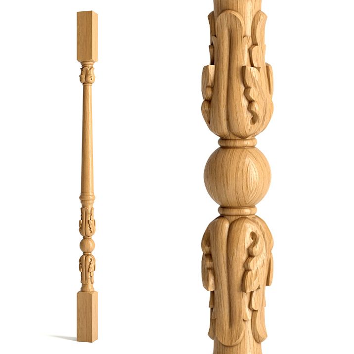 Wooden staircase baluster L-048 with carved decoration in the form of acanthus leaves